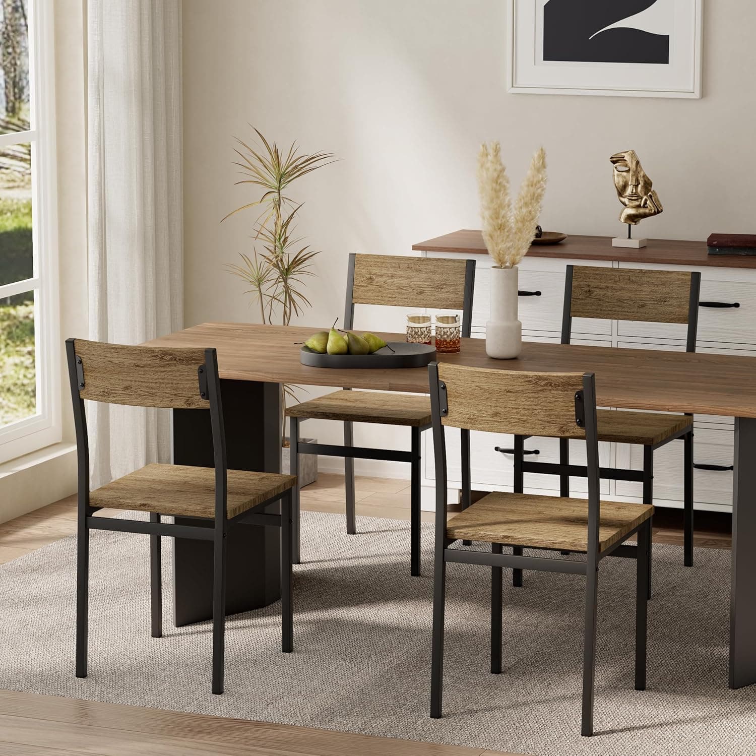 Dining Chairs Set of 4, Rustic Wood Dining Room Chairs with Metal Steel Frame & Slat Back, Modern Farmhouse Chair for Kitchen, Living Room