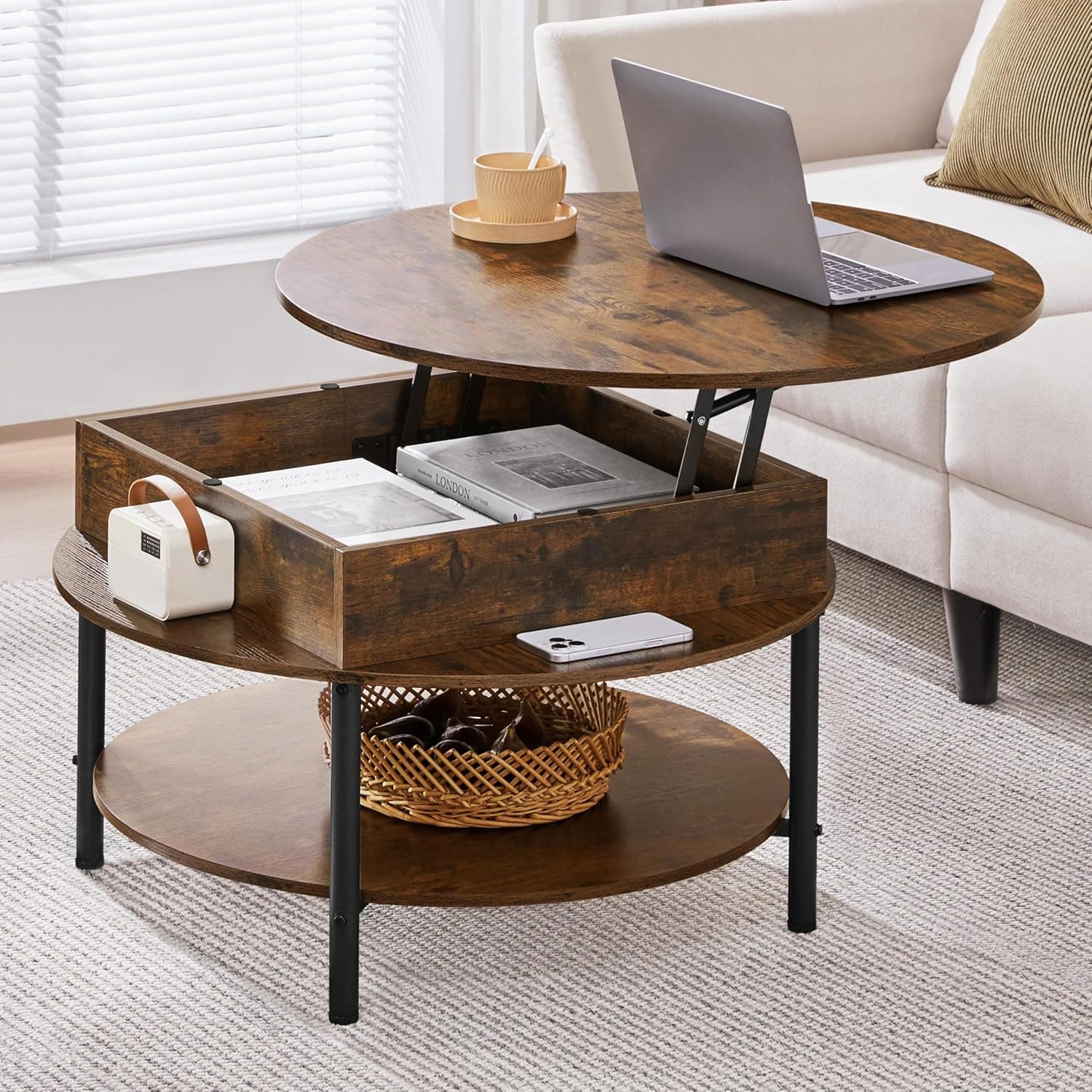 Yaheetech Round Lift Top Coffee Table with Hidden Compartment & Storage Shelf, 31'' Farmhouse Coffee Table Center Tables, 2-Tier Small Round Dining Table for Living Room Reception Room, Rustic Brown