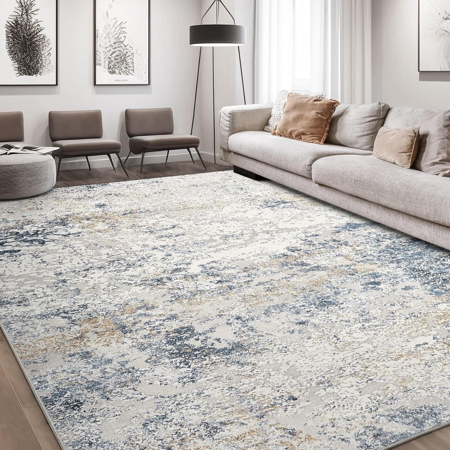 Area Rug Living Room Rugs - 8x10 Abstract Large Soft Indoor Washable Rug Neutral Modern Low Pile Carpet for Bedroom Dining Room Farmhouse Home Office - Beige Blue