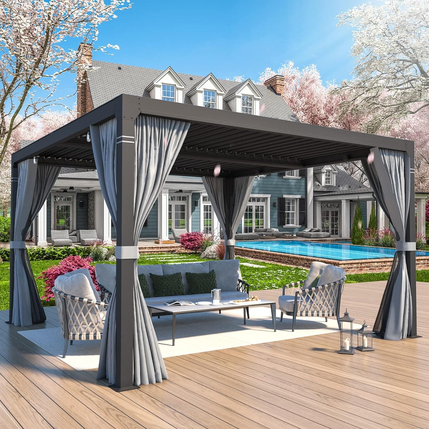 MELLCOM Louvered Pergola - 10x10 Aluminum Pergola with Adjustable Louvered Roof, Waterproof Curtains and Nets, Gray