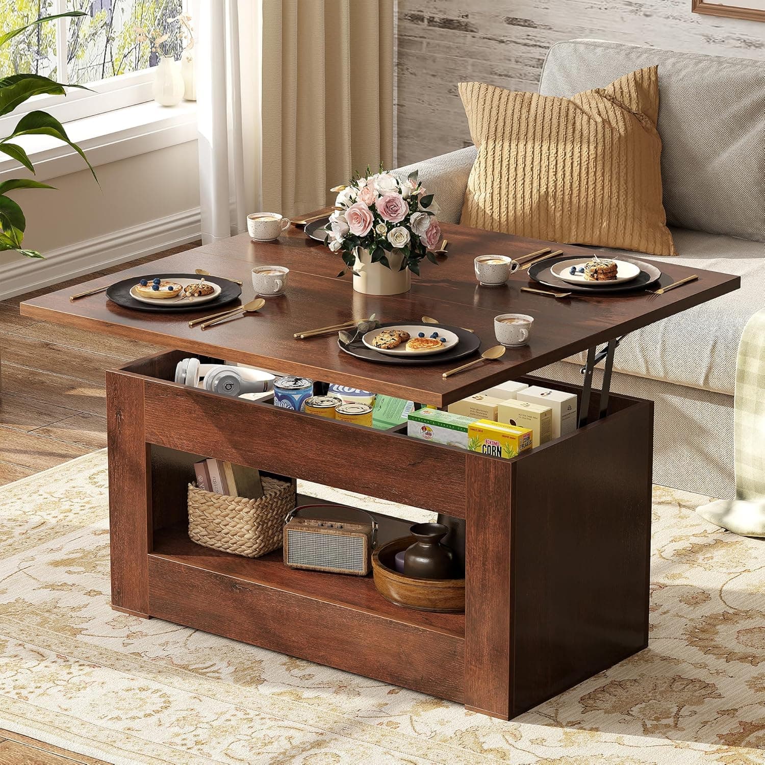 40" Lift Top Coffee Table, 4 in 1 Multi-Function Lift Coffee Tables with Storage and Hidden Compartment, Convertible Coffee Table to Dining Table for Living Room, Walnut
