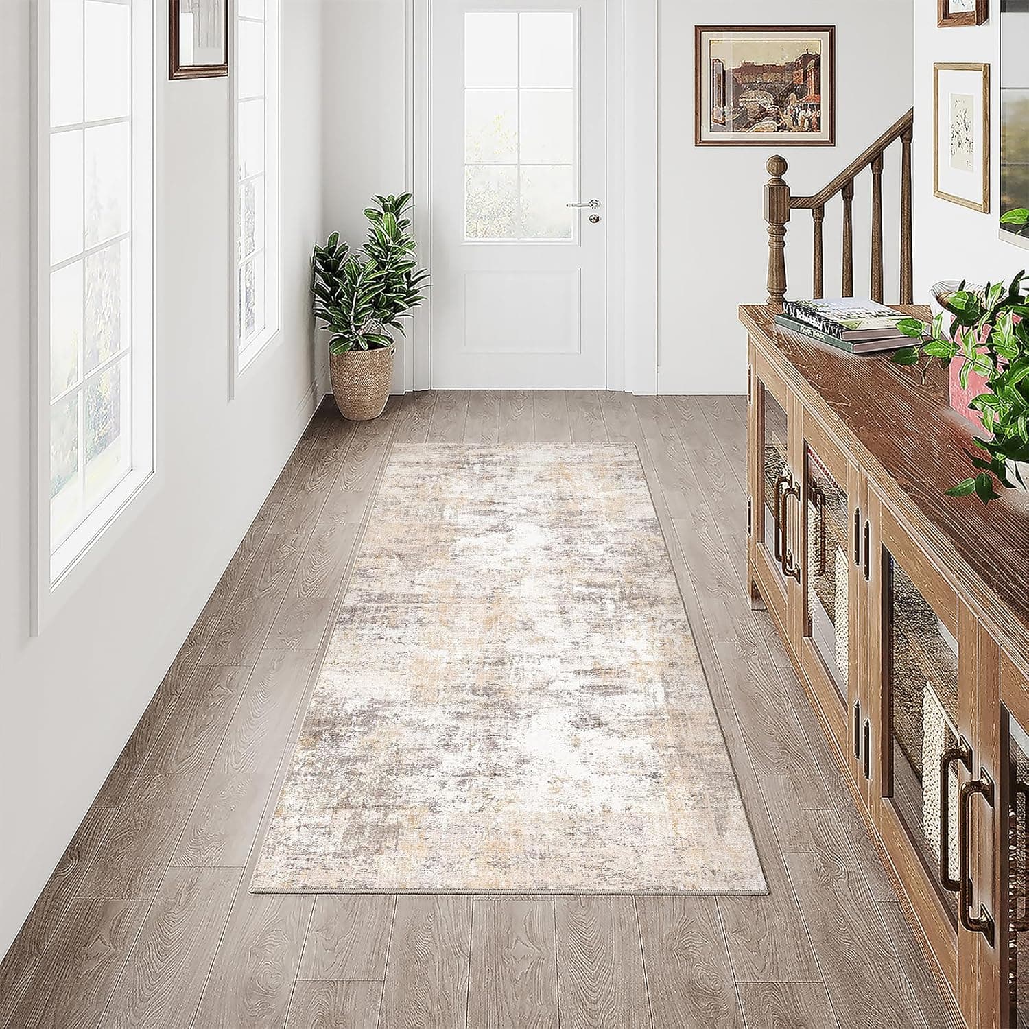 2x6 Washable Runner Rug Beige Grey Neutral Abstract Hallway Kitchen Living Room Bedroom Non Slip Throw Rug Soft Low Pile Indoor Carpet for Entrance Laundry Bathroom
