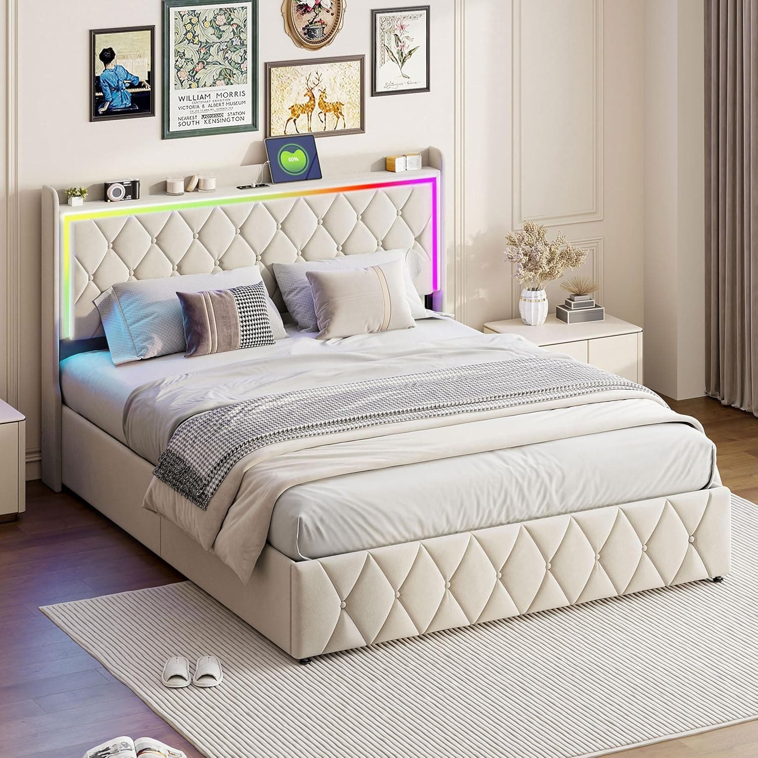 Jugeo Full Size Lift Up Storage Bed Frame with USB & Type-C Charging Station, Wooden Platform Bed with Ample Storage Underneath, Velvet Upholstered Bed with RGB LED Lighting,Hydraulic Support,Beige