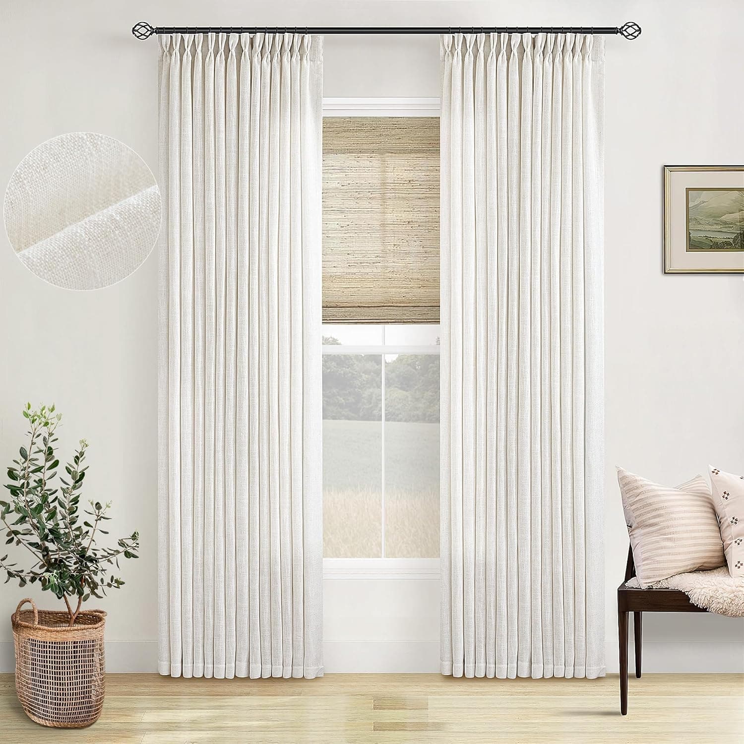 Pinch Pleated Linen Curtains 96 Inches Long for Living Room 2 Panel Set Cream Ivory Light Filtering Pinch Pleat Hooks Rings Back Tab Neutral Boho Farmhouse 96 Inch Curtain Drapes for Bedroom Window