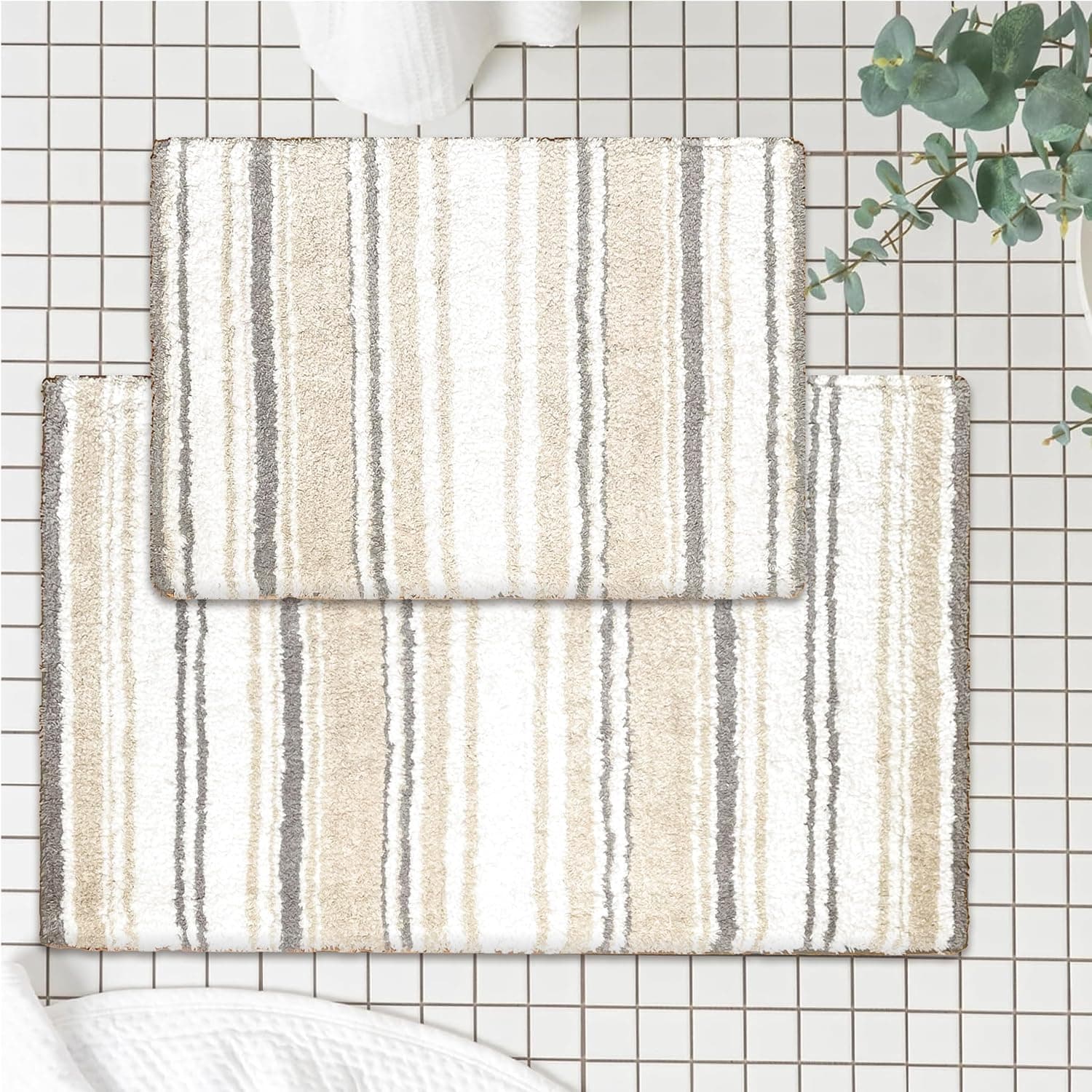 Chardin home Maui Bath Mat, Set of 2 Bath Rugs (17 Inches x24 Inches & 21 Inches x34 Inches) | Non Slip Bathroom Rug, Machine Washable, Plush, Highly Absorbent | White- Beige