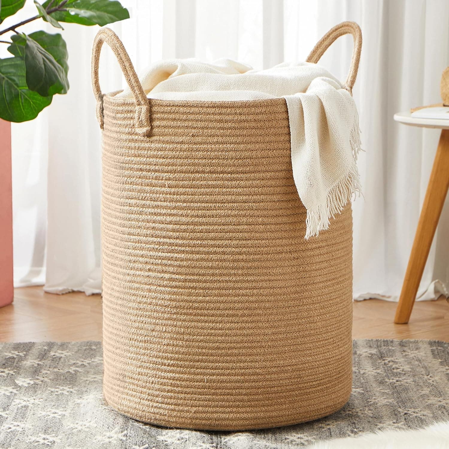 15Dx20H inches Jute Woven Hamper Laundry Basket Wicker Rope Clothes Hamper for Baby Nursery Kids Tall Rattan Blanket Basket in Living Room Bedroom 60L Large Capacity