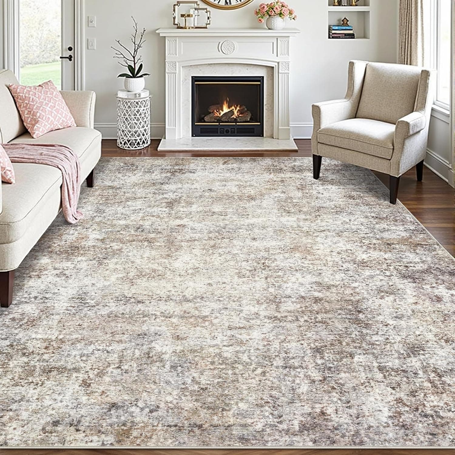 Area Rugs for Living Room: 8x10 Washable Neutral Abstract Rug for Bedroom Large Soft Modern Dining Room Rugs Indoor Floor Low Pile Carpet for Home Office Nursery - Brown Grey