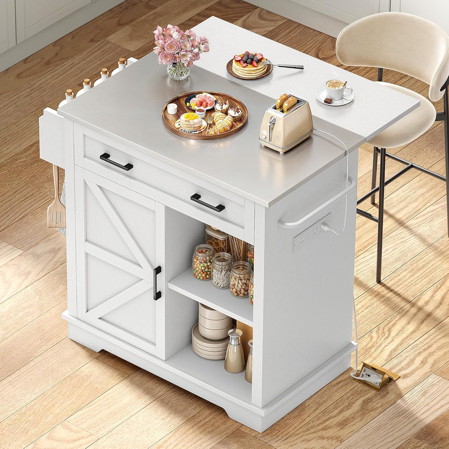 YITAHOME Stainless Steel Kitchen Island with Drop Leaf, 42 Inch Mobile Storage Islands with Power Outlet, Rolling Kitchen Island on Wheels, Metal Butcher Block Carts with Spice Rack Towel Bar, White