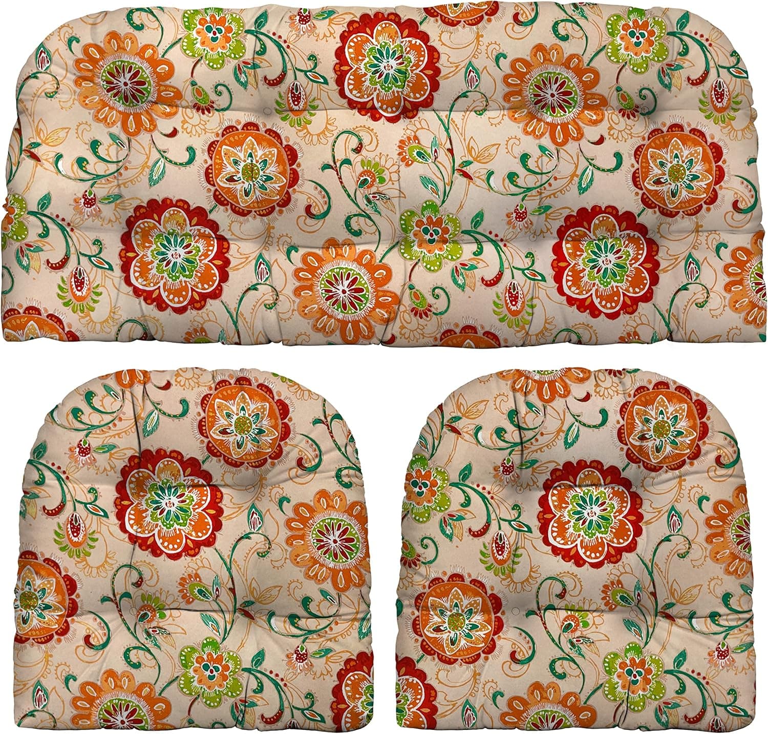 3-Piece Wicker Tufted Cushion Set | 41” x 19" & 19" x 19" | All-Weather Spun Fabric | Outdoor Loveseat & U-Shape Cushions for Patio Furniture | Fanfare Sonoma Cream