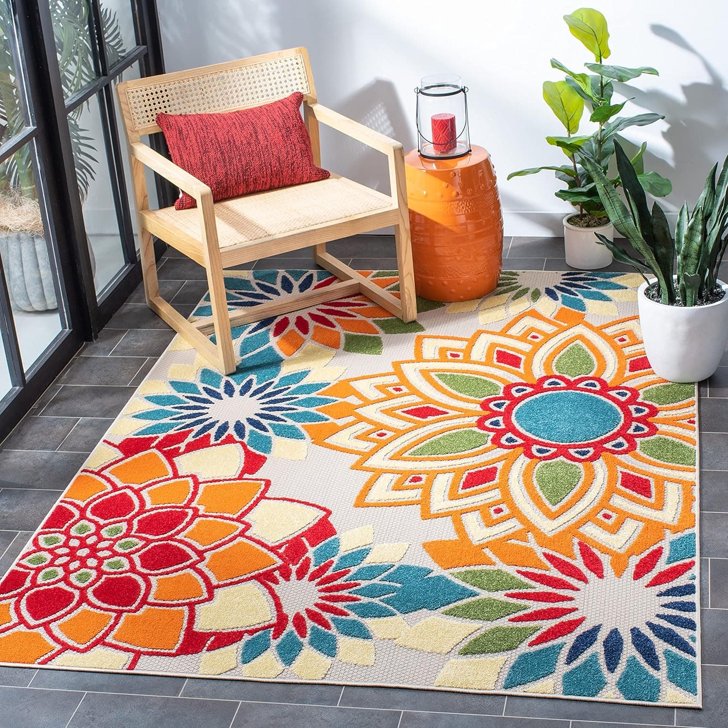 SAFAVIEH Area Rug 8x10 - Outdoor Cabana Collection - Large - Ivory & Orange, Floral Design, Weather Resistant & Washable, Ideal for Patio, Backyard, Mudroom, Deck, Dining Space (CBN328A)