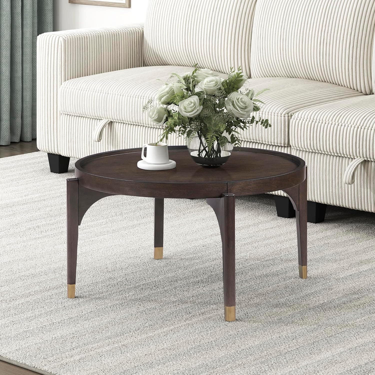 Lexicon Round Wood Coffee Table with Gold Metal Cap, 36" Dia. Mid Century Modern Round Birch Wood Veneer Accent Table for Contemporary Living Room, Easy Assembly, Dark Brown