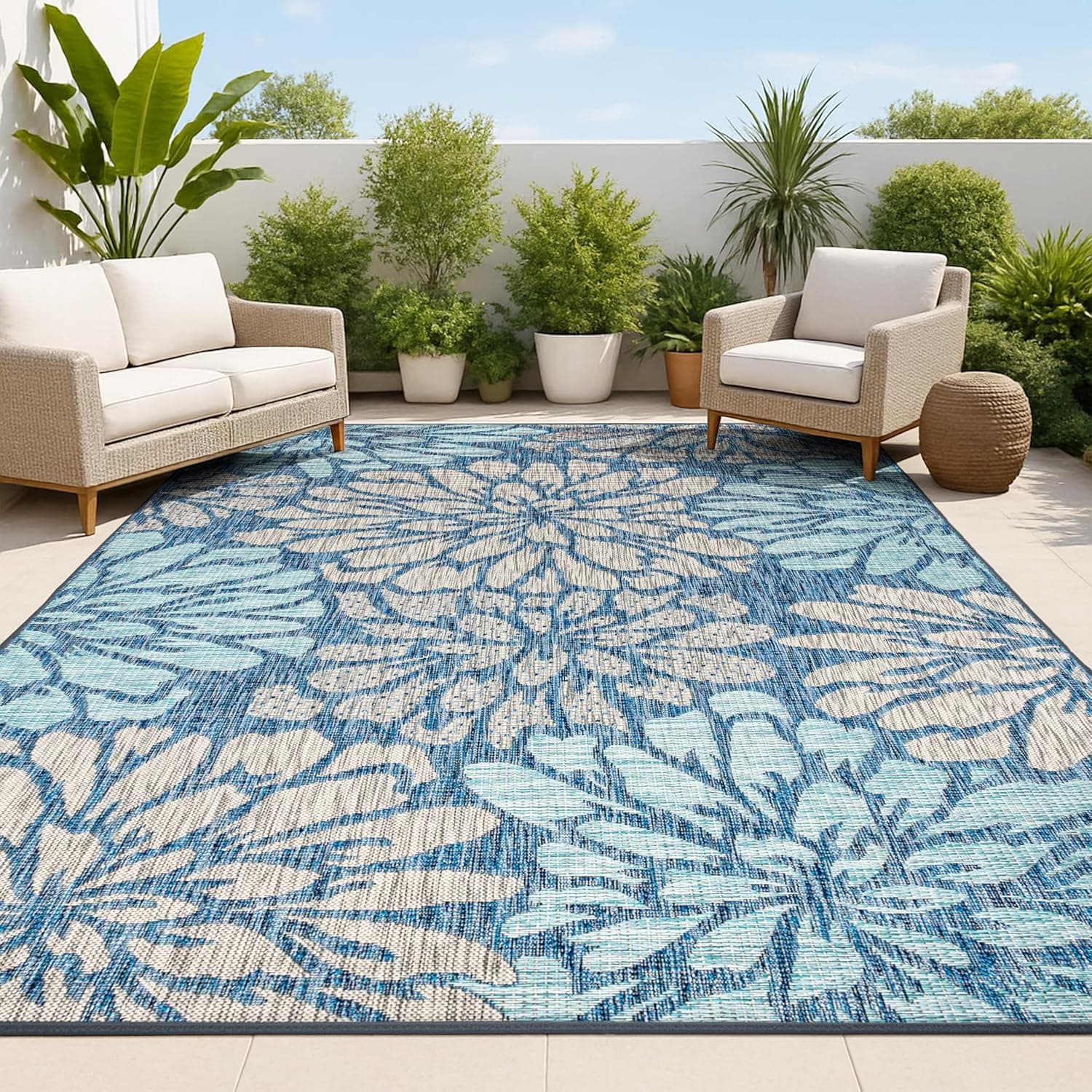 JONATHAN Y SMB110C-8 Zinnia Modern Floral Textured Weave Indoor Outdoor Area Rug Bohemian Coastal Easy Cleaning Bedroom Kitchen Backyard Patio Non Shedding, 8 X 10, Navy/Aqua