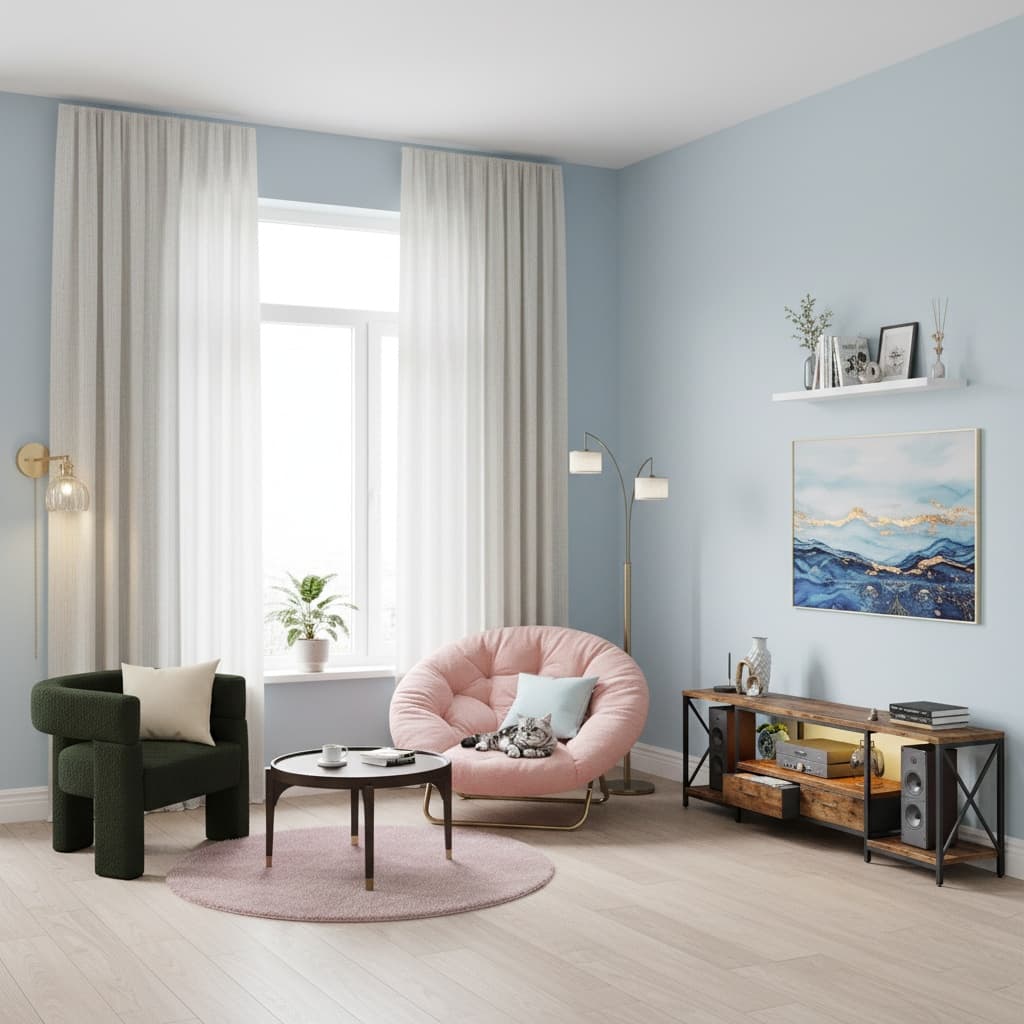 Design an Industrial Studio Small Space with a Soft Pastel Color Scheme