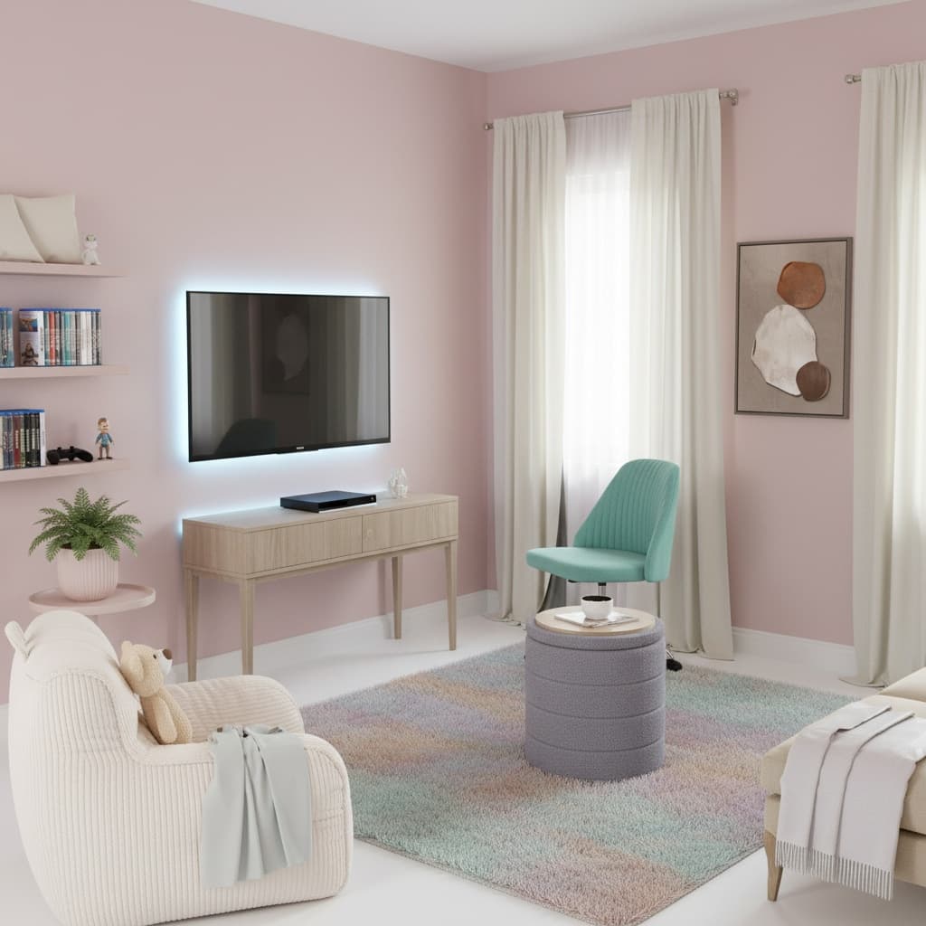 Create a Tranquil Japanese Media Game Room with a Pastel Color Scheme