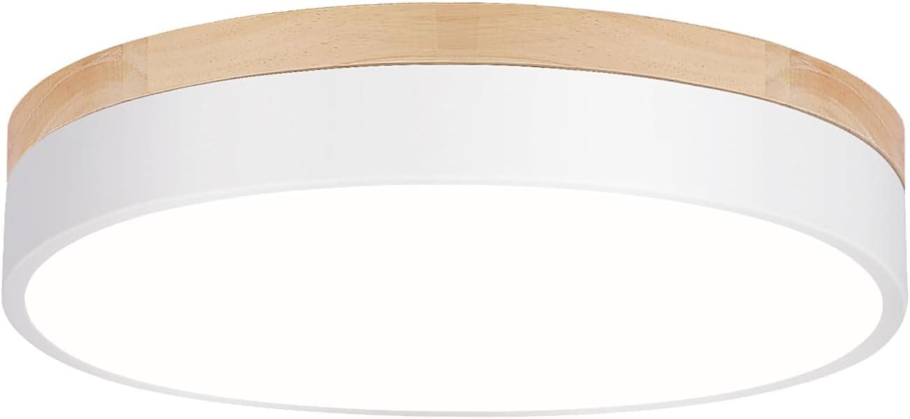 Modern Dimmable LED Close to Ceiling Light Minimalist Wood Oak Flush Mount Ceiling Light Fixture with Lampshade for Bedroom Living Room Bathroom Laundry Room (White-Dimmable, 11.8''/30cm)