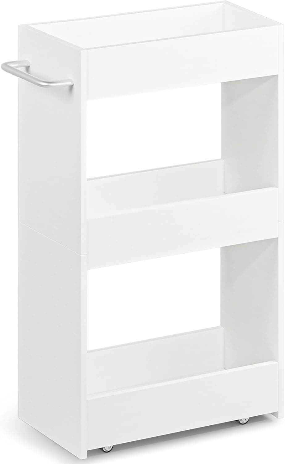 MARTY Wood Rolling Storage Cart 7.9" W, 3 Tier White Slim Utility Kitchen Cart on Wheels Laundry Room Bathroom Organizers Narrow Shelves with Handle Mobile Shelving Unit for Small Places