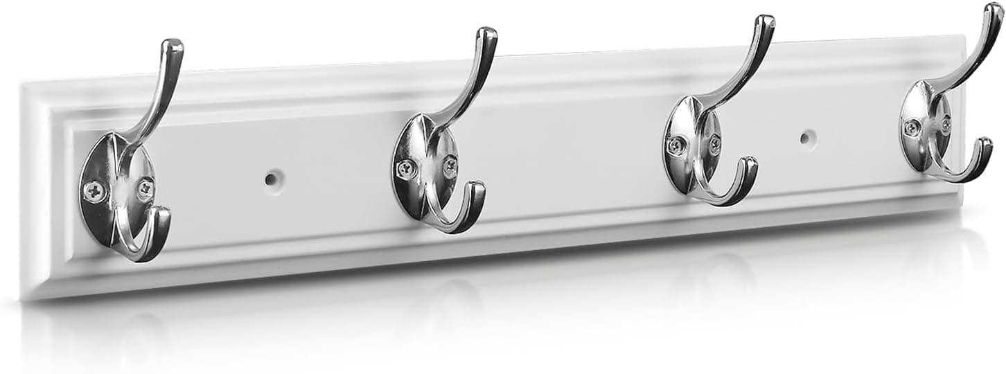 Coat Rack Wall Mounted White, 17" Wooden Modern Wall Coat Hanger with 4 Hooks, Heavy Duty Zinc Alloy Wall Hook Rack for Hanging Coats, Keys, Bags, Great Touch for Bedroom Bathroom Kitchen