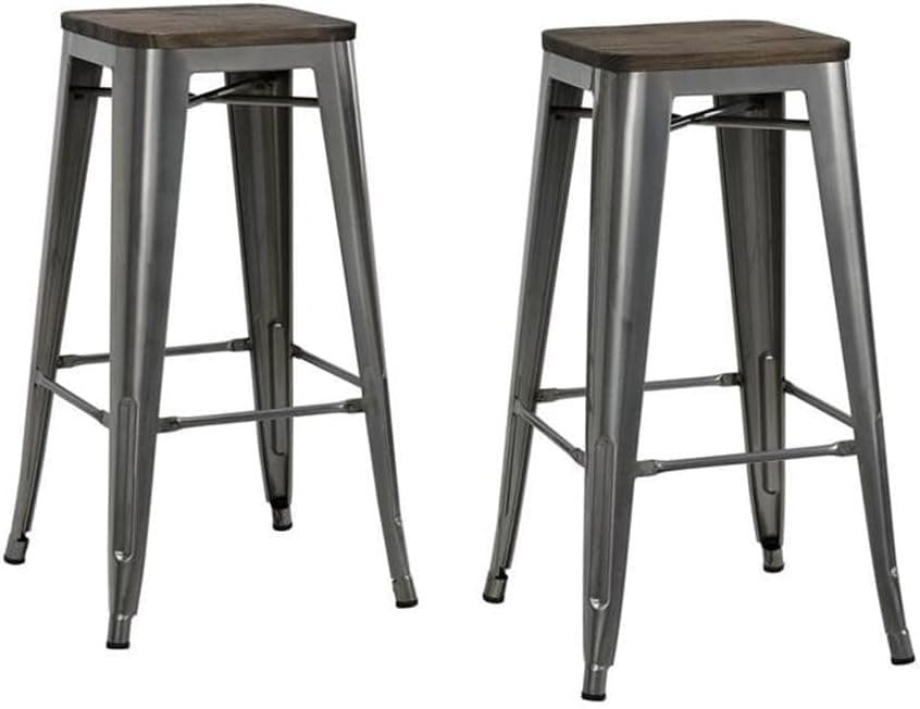 DHP Fusion Metal Backless 30" Barstool with Wood Seat, Distressed Metal Finish for Industrial Appeal, Set of two, Antique Gun Metal