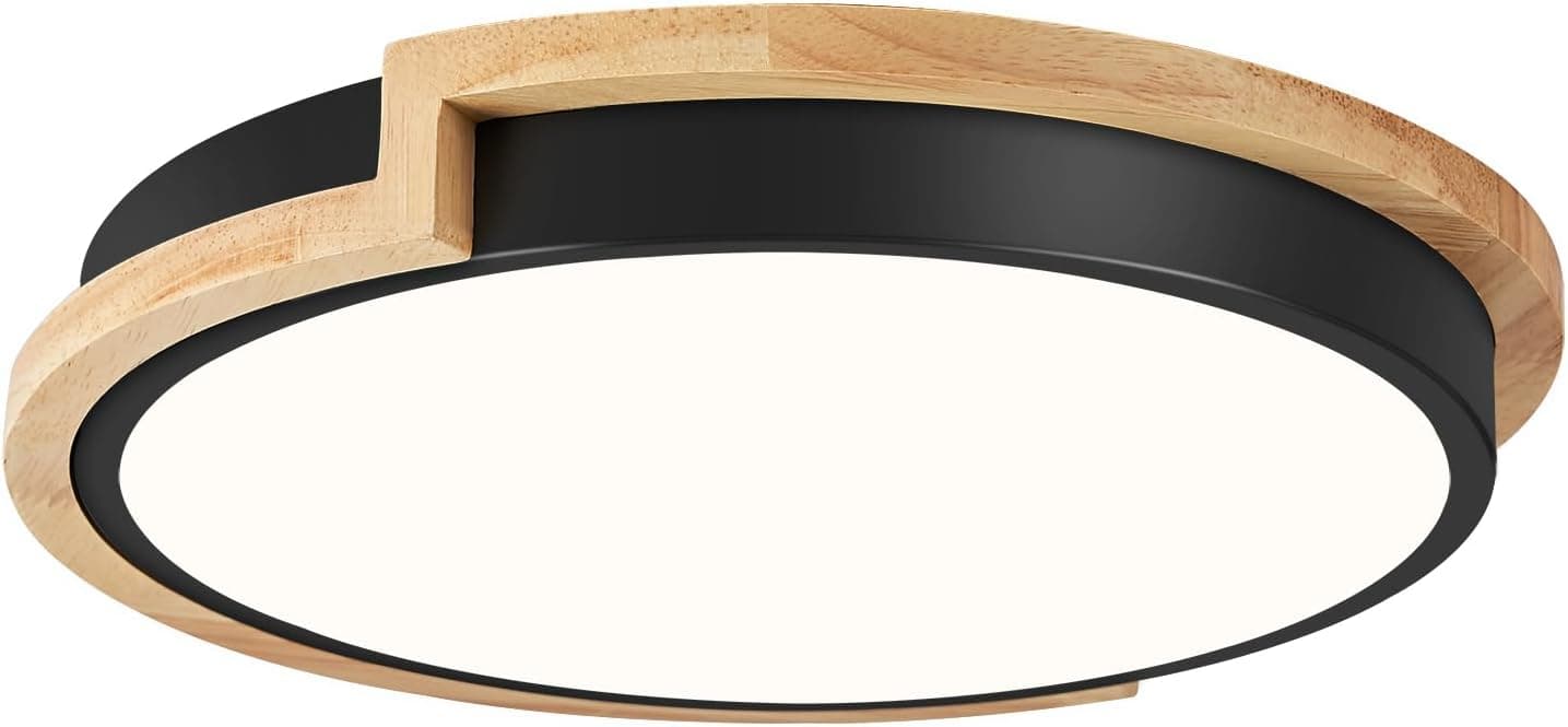 Modern LED Close to Ceiling Light, Round Shape Flush Mount Ceiling Light Fixture, Matte Black with Wood Accent, Minimalist Kitchen Lighting for Bedroom, Entryway, Laundry Room, Hallway 11.8in