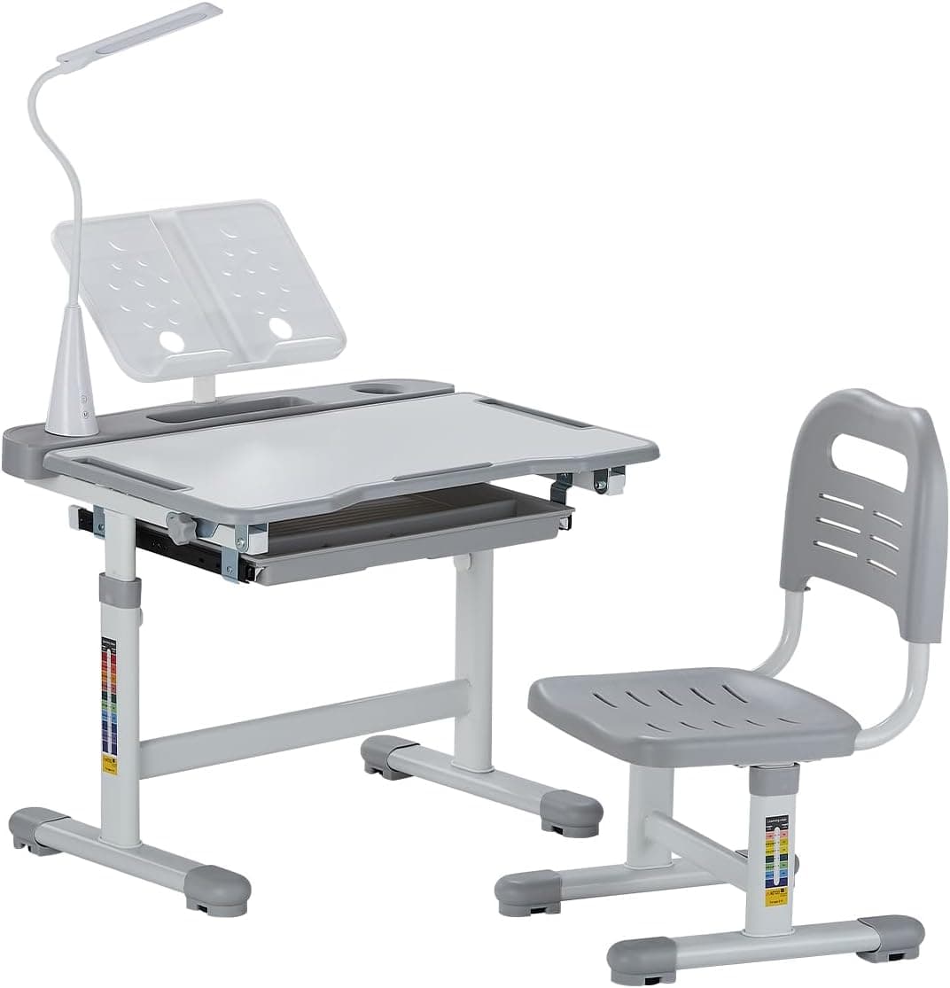 VEVOR Kids Study Chair and Desk Set, Study Desk and Chair for Kids with Table Lamp, Adjustable Height & 0-40° Tilted Desktop Kids Desk and Chair, Children Study Table for Bedroom & Study Room, Grey