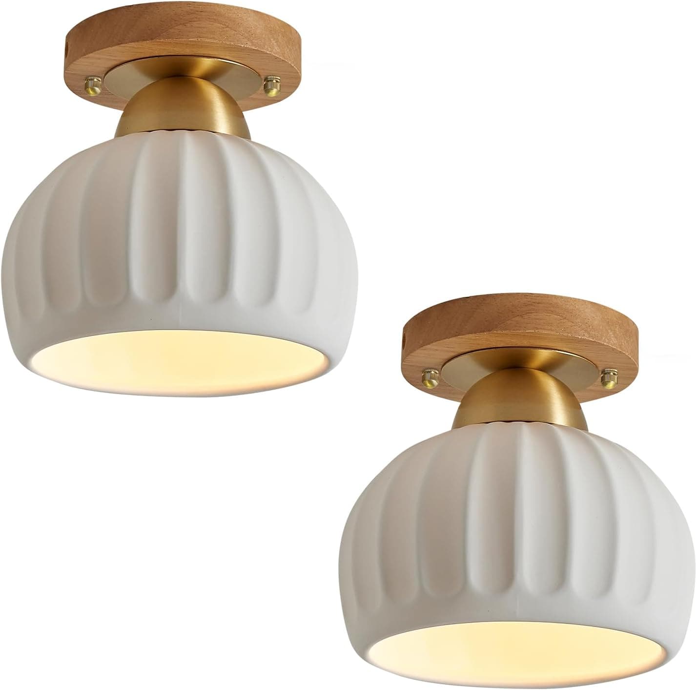 2 Pack White Ceramic Wood Brass Base Semi Flush Mount Ceiling Light Vintage Hallway Light Fixtures, Modern Small Flush Mount Ceiling Light for Dining Room Kitchen Entryway