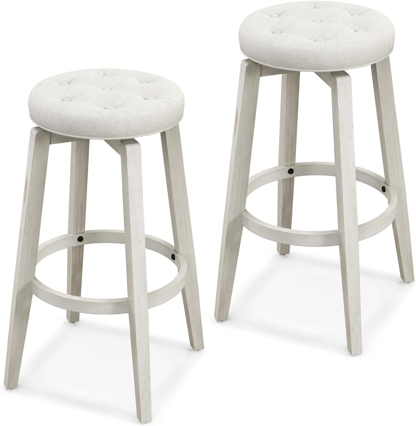 Giantex Swivel Bar Stools Set of 2, 30" Bar Height Stools w/Tufted Seat & Rubber Wood Frame, Round Backless Kitchen Stools w/Footrest, Barstools for Kitchen Island/Breakfast/Pub, Antique White