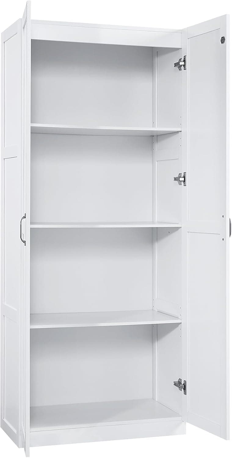 Manhattan Comfort Hopkins Modern Freestanding Storage Cabinet with 4 Adjustable Shelves & Soft Close Doors, Tall Multipurpose Organizer for Kitchen, Pantry, Laundry, Garage, Mudroom, Set of 1, White