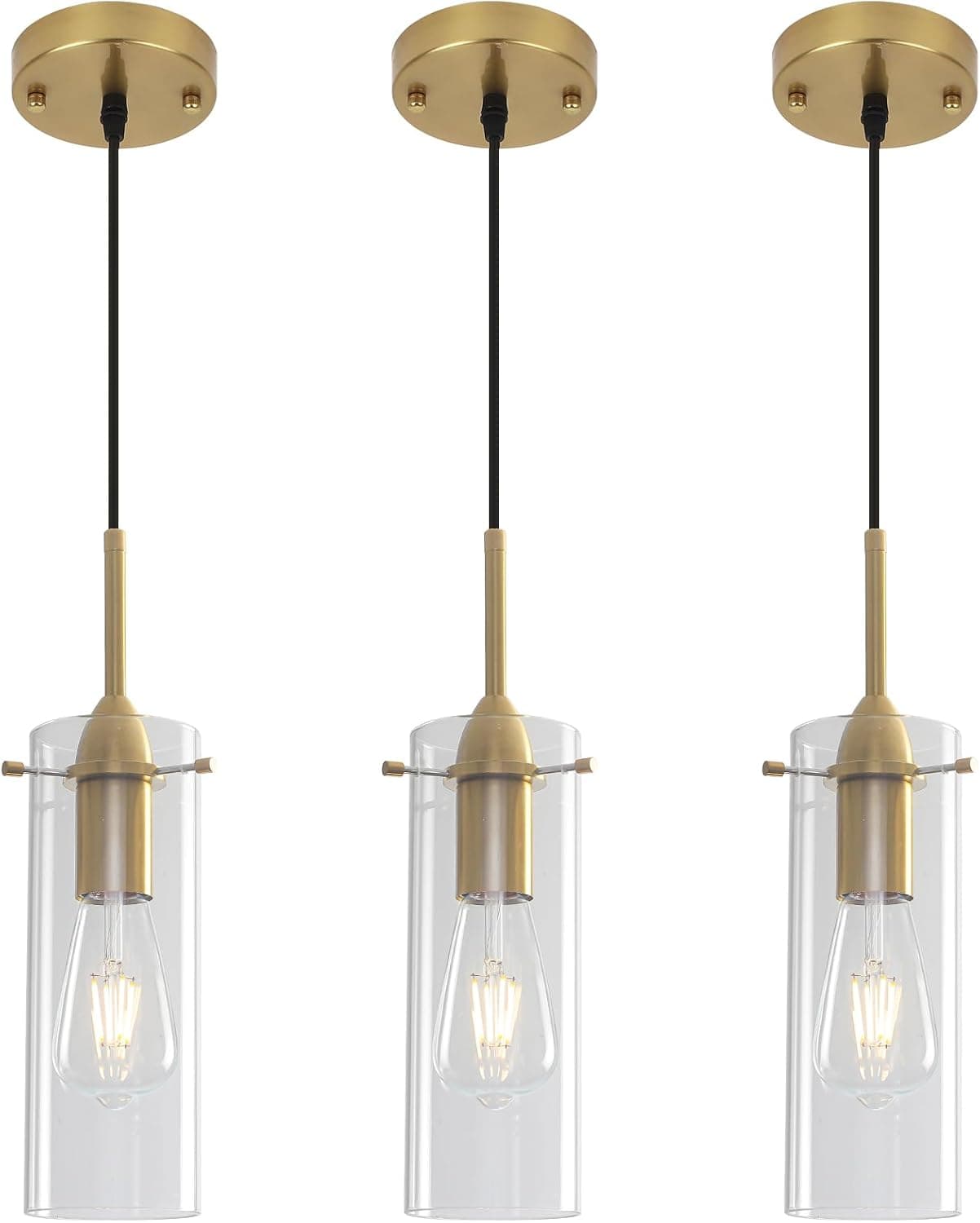 Gold Pendant Lights Kitchen Island 3 Packs, Blown Glass Pendant Light, Modern Glass Kitchen Pendant Light, Hanging Pendant Lights, Island Pendant Lights for Kitchen, Dining Living Bathroom