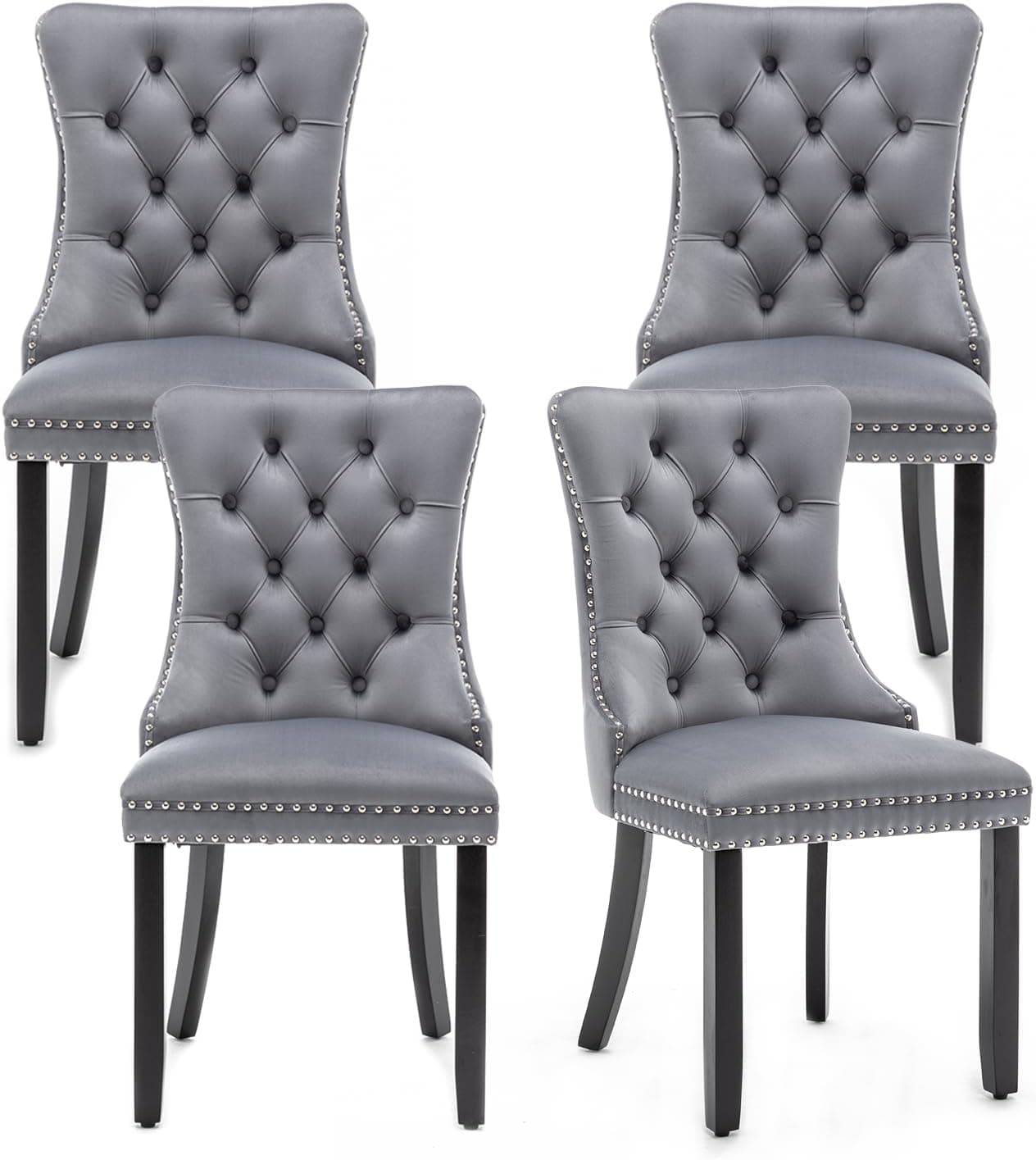 Velvet Dining Chairs Set of 4,Upholstered Dining Chairs with Ring Pull Trim and Button Back,Modern Seating for Kitchen, Bedroom & Living Room(Grey)