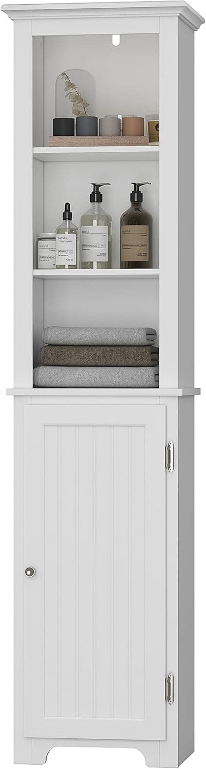 UTEX 64" Freestanding Storage Cabinet, Bathroom Tall Silm Cabinet with Doors and Adjustable Shelves, Free Standing Linen Tower, Home Storage Furniture, White