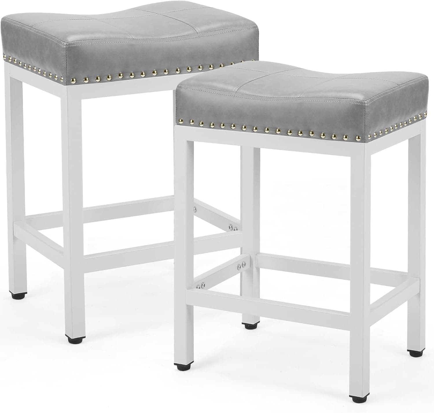 DUMOS Saddle Bar Stools Set of 2, 24 Inch Counter Height Stools with PU Leather Upholstery, 250 lb Weight Capacity, Bar Height Stools with Footrest for Kitchen Island, Dining, Cafe, Gray
