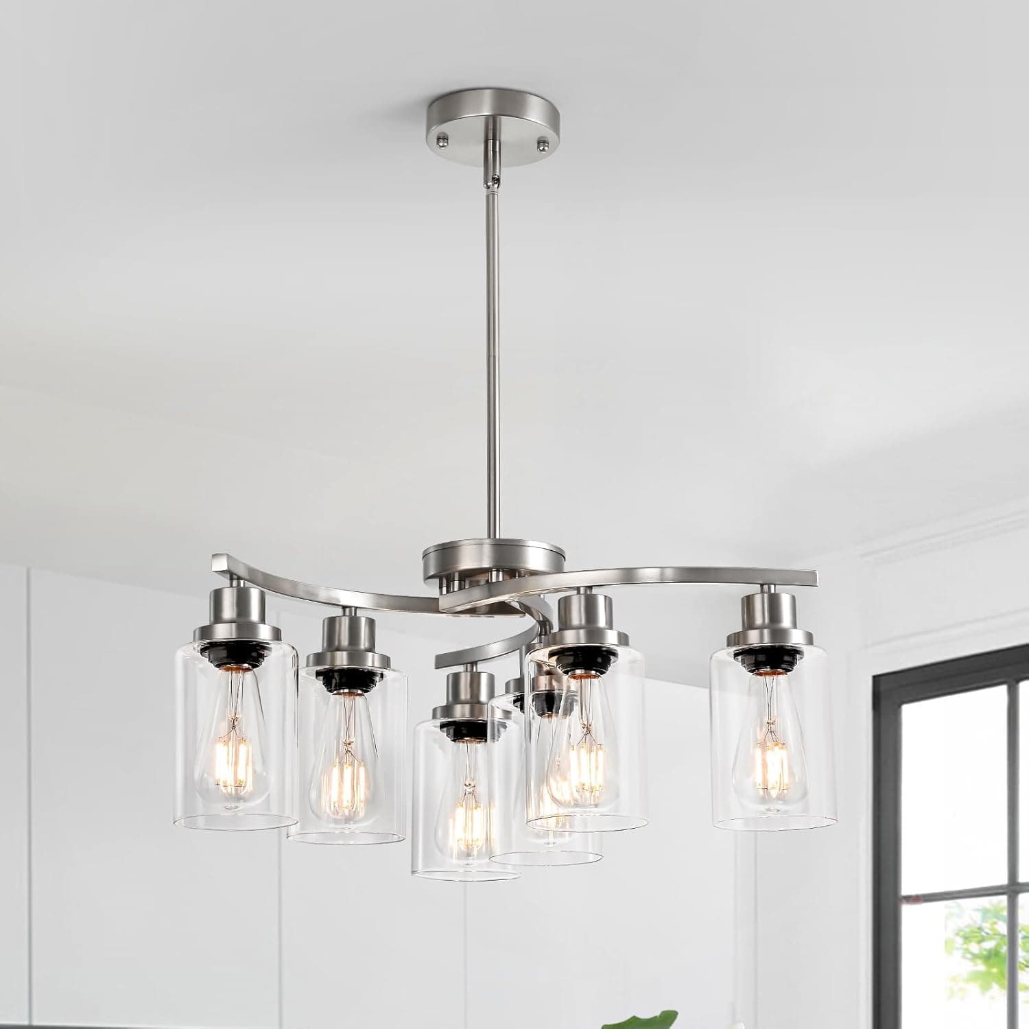 6-Light Brushed Nickel Farmhouse Chandeliers for Dining Room,21.7" Kitchen Black Chandeliers Over Table,Adjustable Height Hanging Whirlwind Pendant Lights,Glass Shade Ceiling Light Fixture