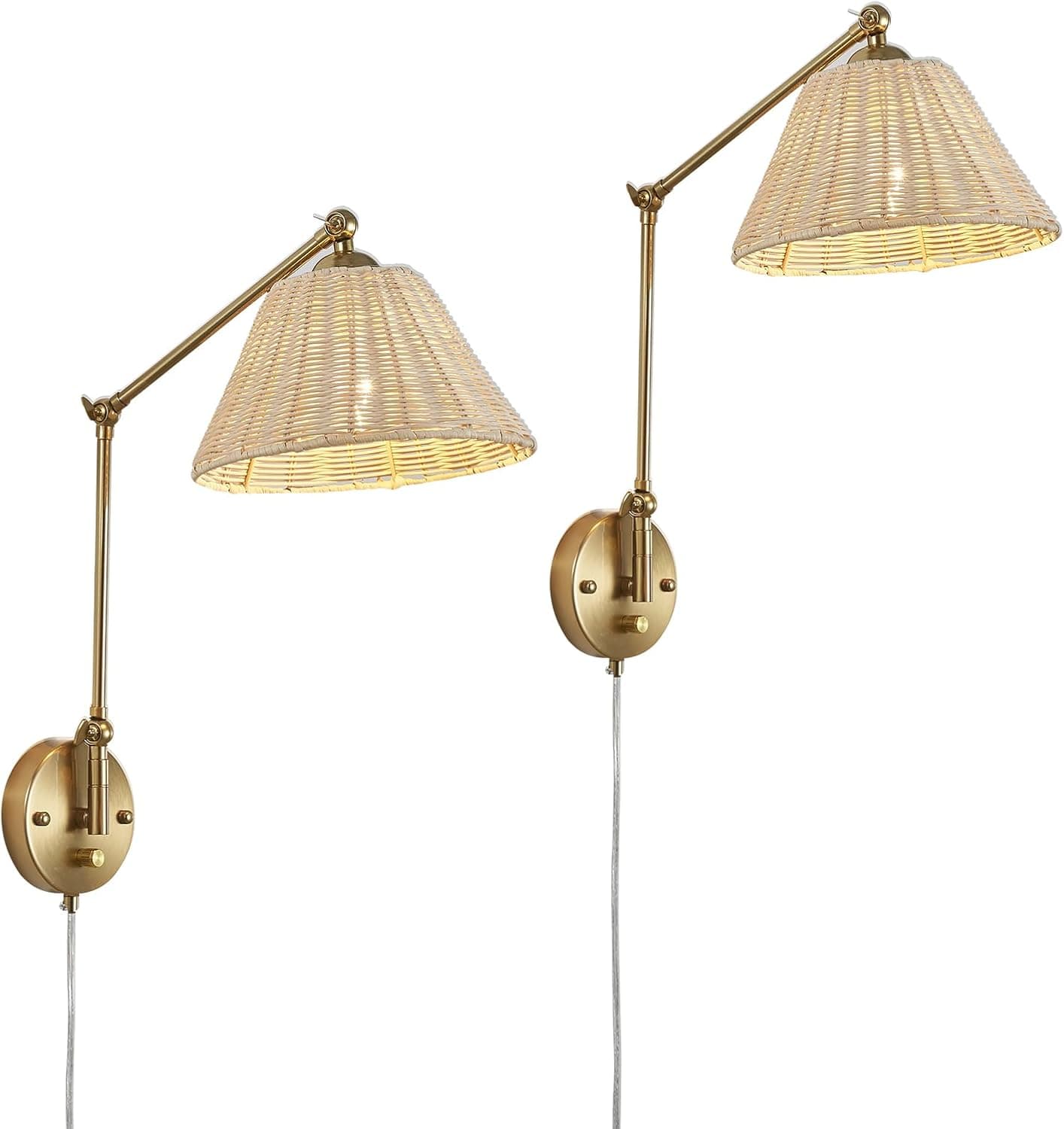 Gold Plug in Dimmable Swing Arm Hand Woven Rattan Wall Sconces Set of 2, Indoor Vintage Wall Light Fixture Wall Mounted Lamp for Bedroom Living Room Bedside Home Office E26 LED Bulb Included