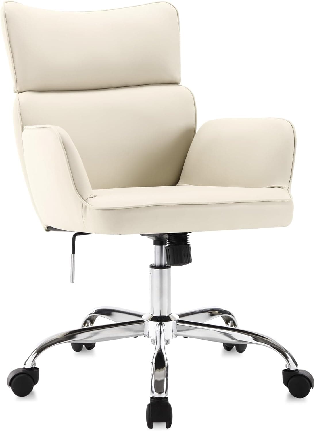 Home Office Chair with Wheels, Adjustable Height Swivel Mid-Back Armchair Task Chair, Modern PU Leather Ergonomic Tilt Computer Desk Vanity Chair for Office, Study Room(PU Beige)