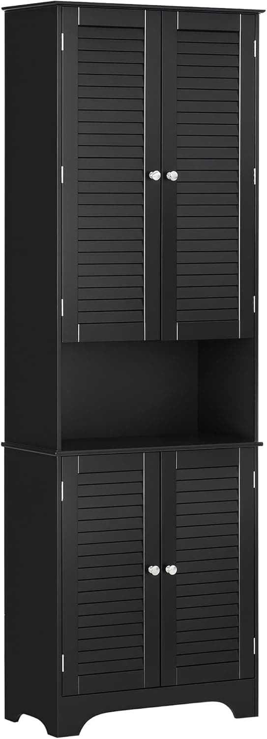 HOMCOM Tall Narrow Bathroom Storage Cabinet with Doors and Shelf Adjustability, Freestanding Linen Cabinet with 2 Cabinets and Countertop, Black