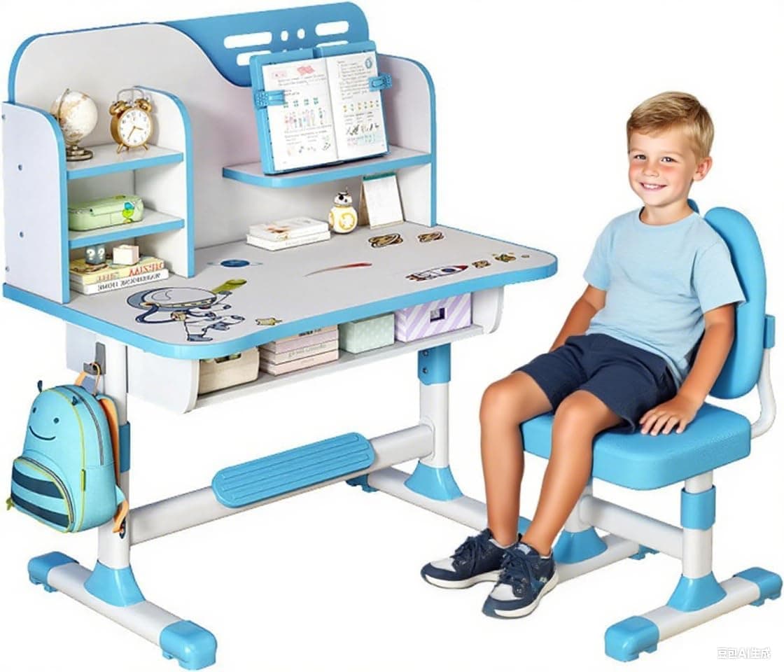 Kids Study Table and Chair Set, Adjustable Art Desk Girls Desk for Bedroom, Study Table with Large Writing Board Bookshelf and Drawer (Blue)