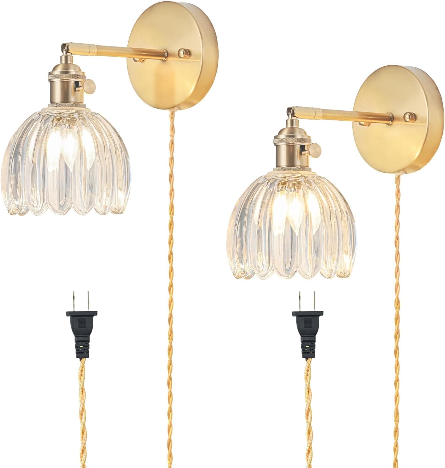 Plug in Wall Sconces Set of 2, Vintage Wall Sconce with Tulip Transparent Glass Lampshade, 180° Adjustable Wall Sconce with Switch and Plug in Wall Lamp Cord, Gold Wall Light Wall Decor Set of 2