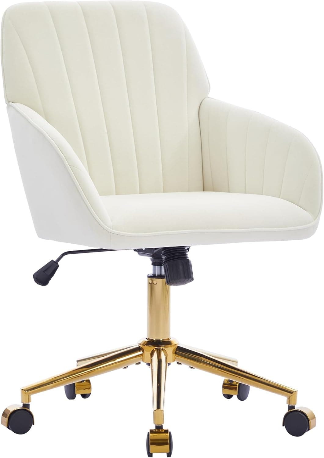 Velvet Home Office Desk Chair, Modern Cute Computer Task Chair with Back, Height Adjustable Upholstered Vanity Chair with Swivel Wheels for Women, Girls (Gold Base, Gream)