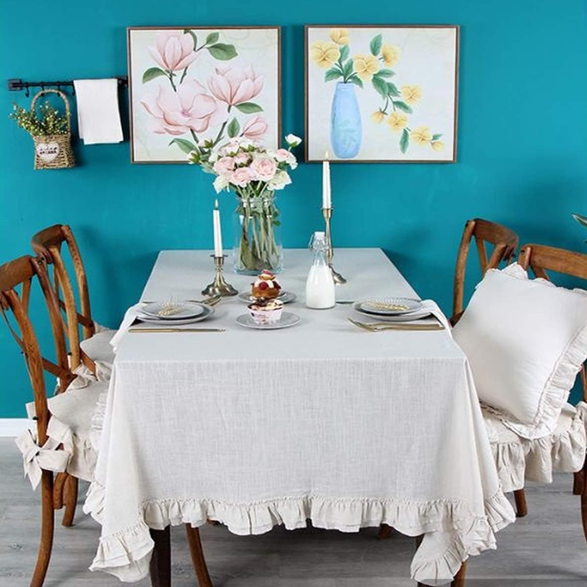 Bringsine Cotton Linen Tablecloth Flounces Fabric Dust-Proof Rectangle Table Cloth Cover for Kitchen Dinner Picnic Home Decoration (Oblong, 55" x 102" Inch)