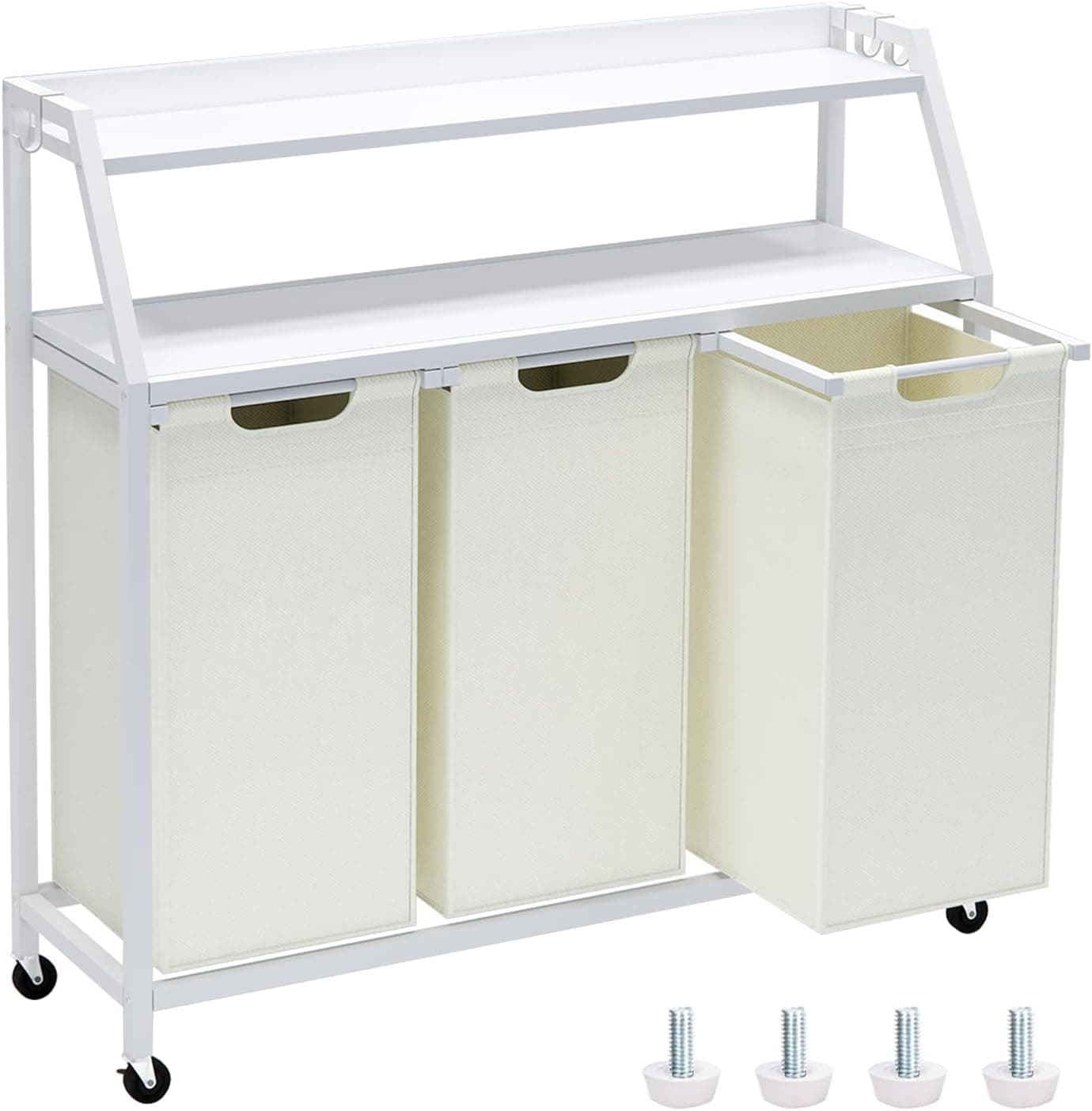 Laundry Hamper, Laundry Sorter 3 Section, Rolling Laundry Basket with Wheels, 2 Shelves, 3 × 14.5 Gal, Pull-Out and Removable Oxford Fabric Bags, for Laundry Room, White and Beige