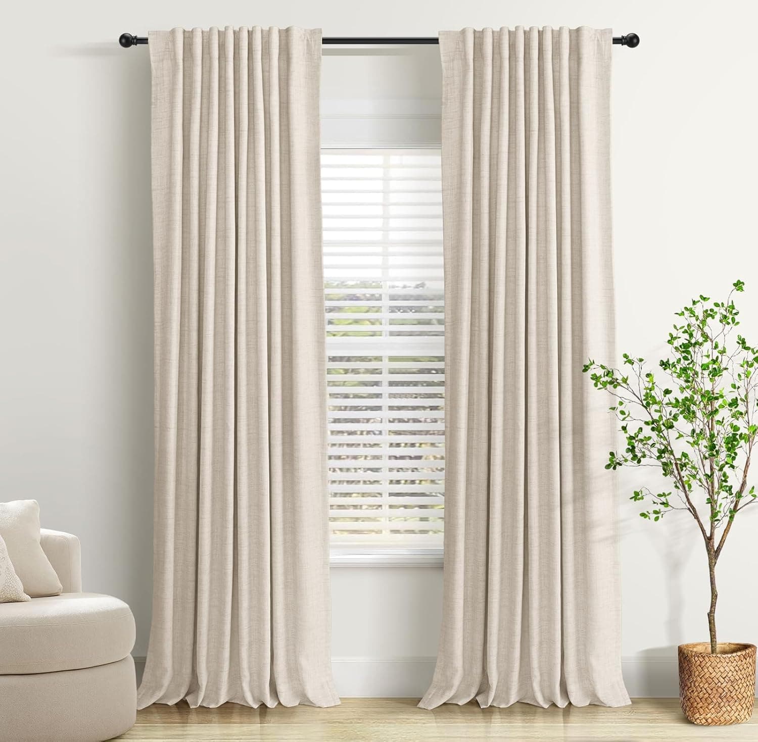 INOVADAY 100% Blackout Curtains 84 Inches Length 2 Panels Set, Back Tab/Rod Pocket Linen Black Out Curtains for Bedroom, Thermal Insulated Window Drapes - Cream, W50 X L84