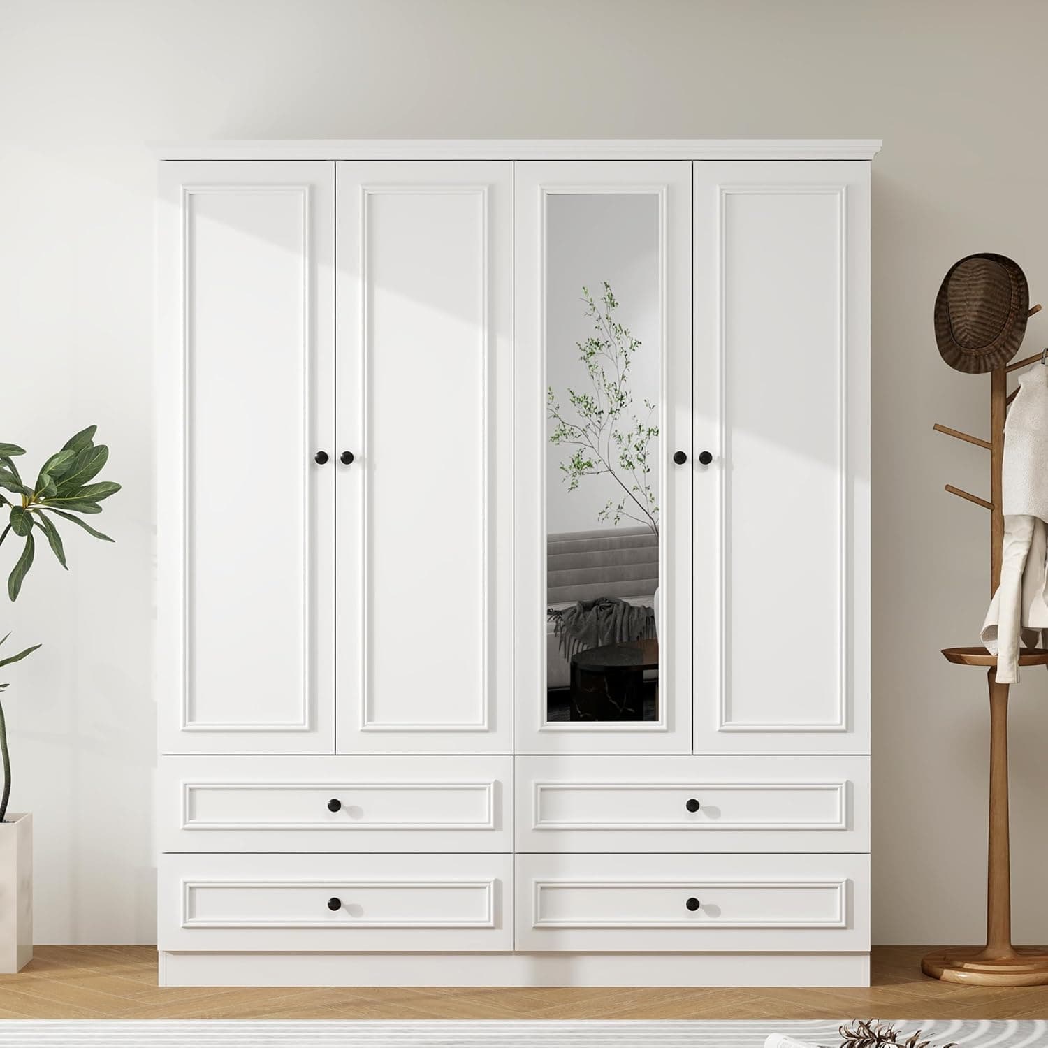 White Armoire Wardrobe Closet with Mirror and Drawers, 61.42" W x 20.67" D x 70.87" H, Modern Style with Hanging Rod, Ideal for Bedroom Storage(65)