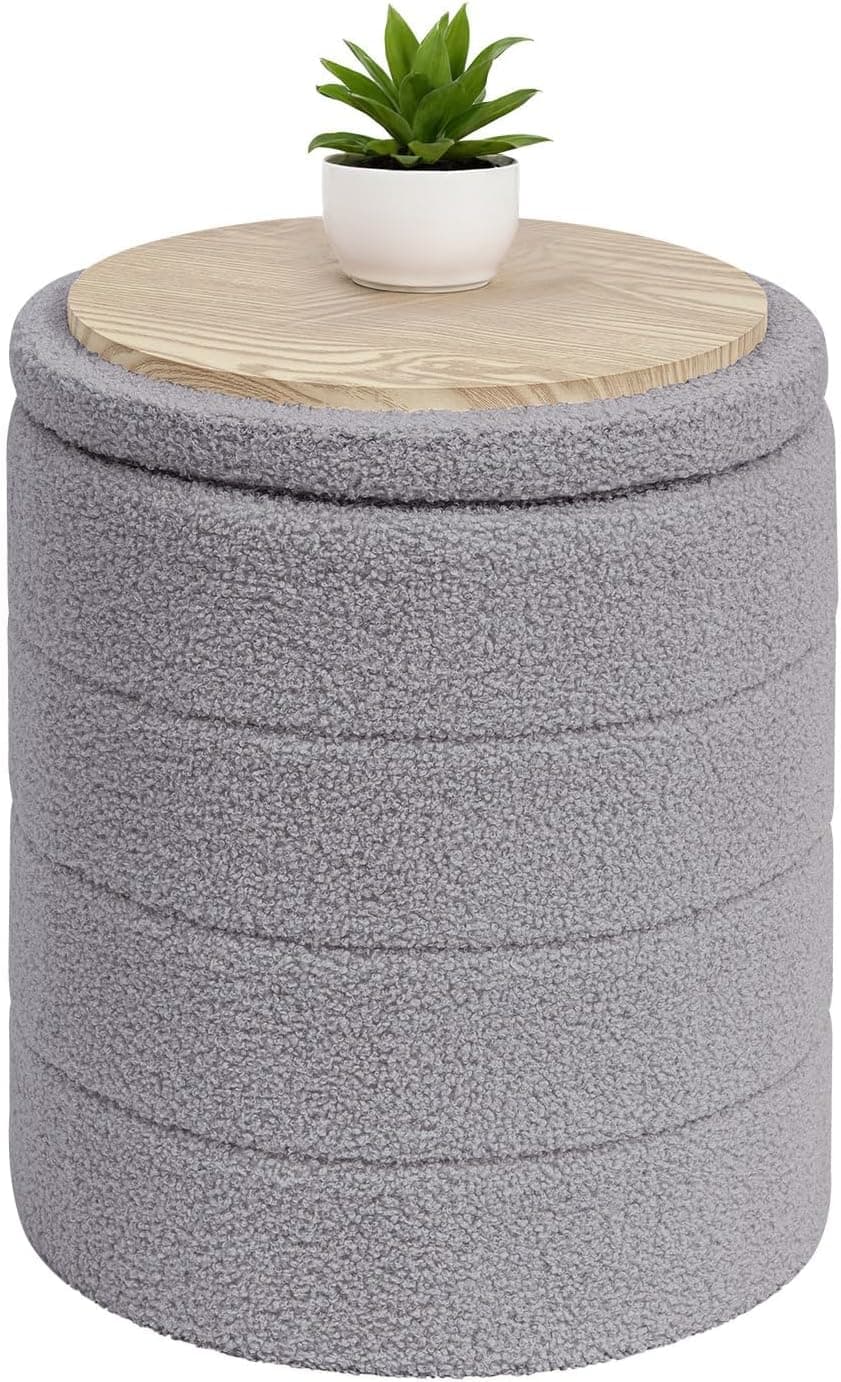 B FSOBEIIALEO Ottoman with Stroage, Round Sherpa Storage Ottoman Stool, Boucle Foot Rest 14.6"x14.6"x17.7"(Grey