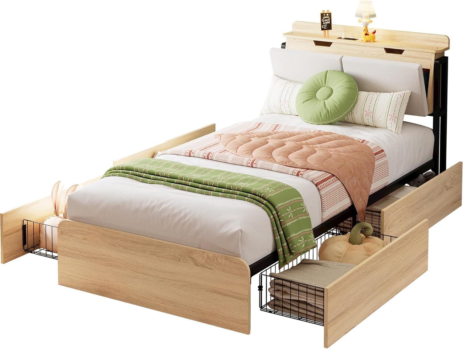 LIKIMIO Twin Bed Frames with Hidden Storage Headboard, Camas Twin with Charging Station and 4 Drawers, Sturdy and Noiseless, No Box Spring Needed, Wood Color