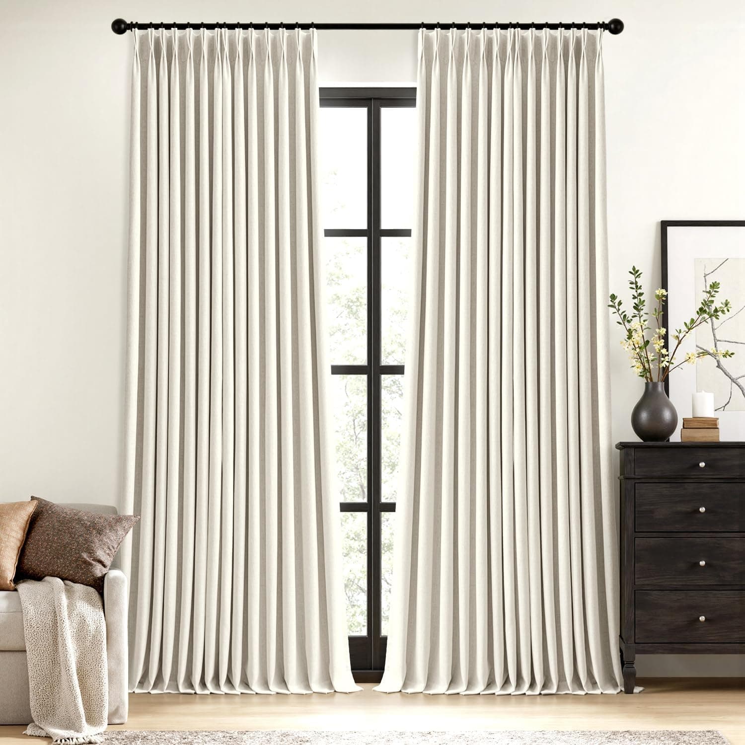 MIULEE Natural Pinch Pleated 100% Blackout Linen Curtains 96 Inch Length 2 Panels Set, Pleat Curtains with Pin Hooks, Black Out Light Blocking Room Darkening Drapes for Bedroom Living Room Window