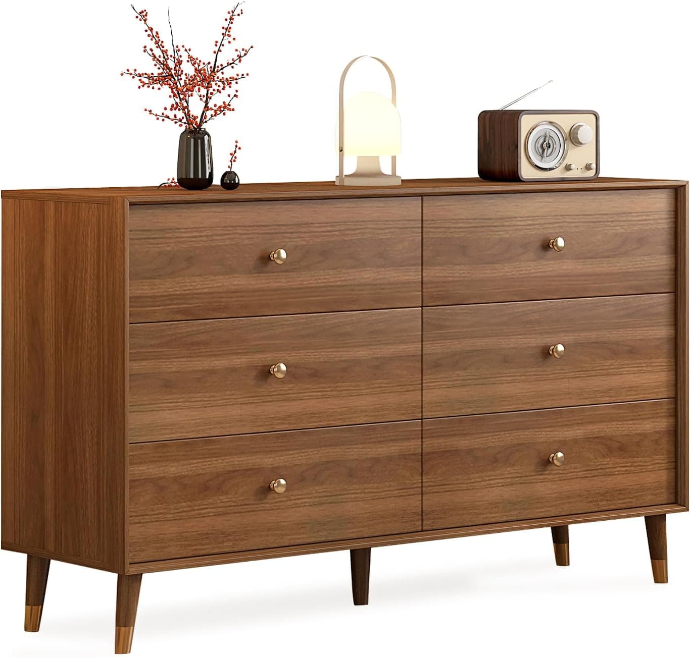 Dresser for Bedroom, Mid Century Modern 6-Drawer Solid Wood Chest, 47 Inch Walnut Finish, Heavy-Duty Drawer Glides, Storage Cabinet for Living Room, TV Stand (Brown, 47.2)
