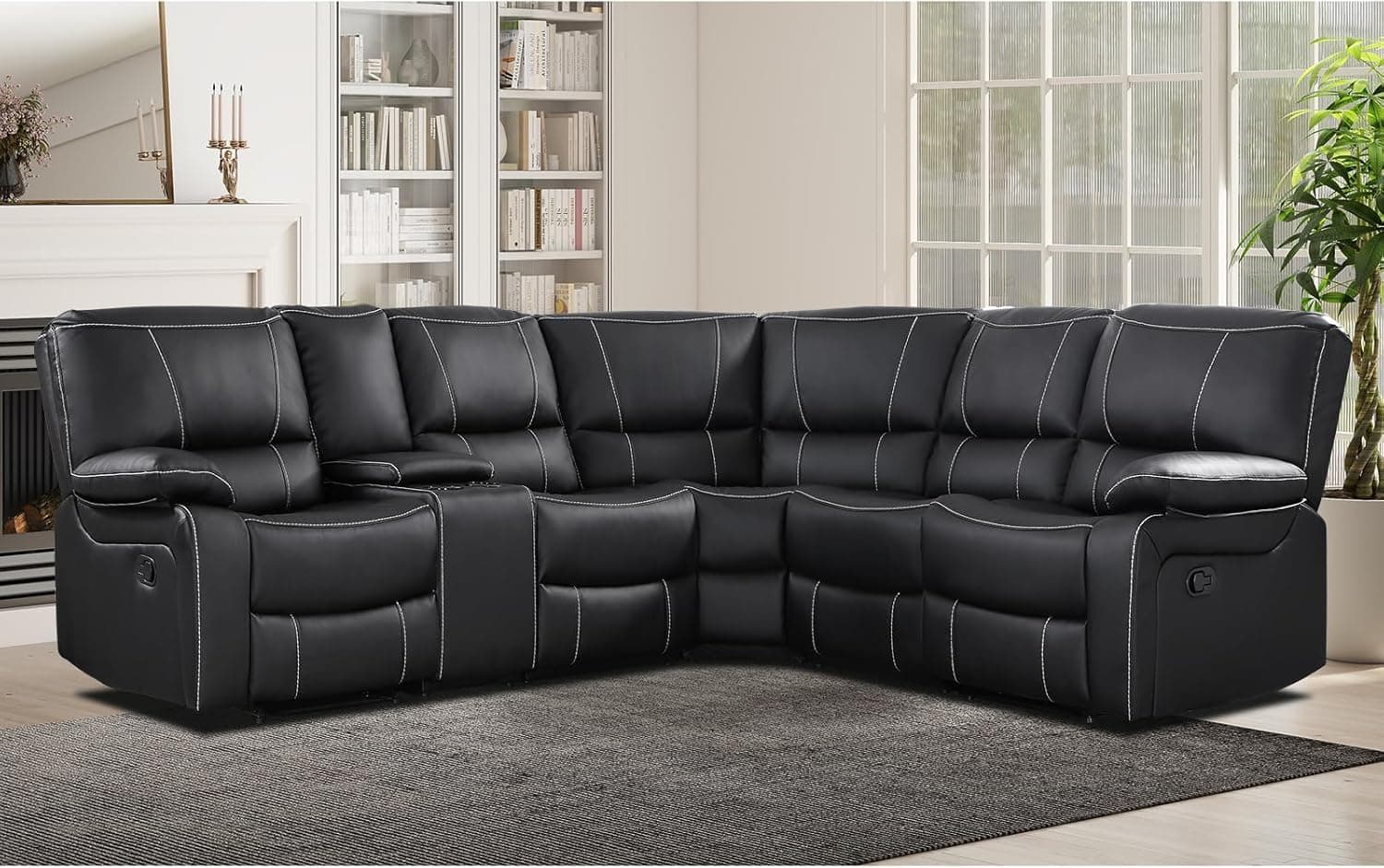 EBELLO Manual Reclining Sectional Sofa Set for Living Room, Soft Fabric Recliner Corner Sectional Couch with Center Console, Cup Holders and Storage (Black, Sofa)