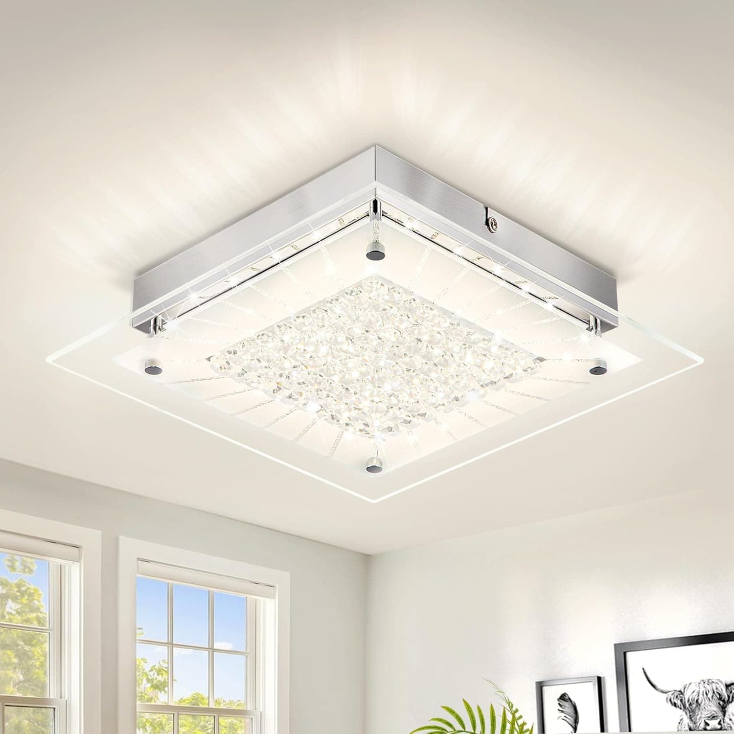 Flush Mount Ceiling Light 11IN Hallway Light Fixtures Ceiling Square Crystal Ceiling Light Fixture Dimmable Light Fixtures for Kitchen, Bathroom, Bedroom, Hallway Ceiling Lights