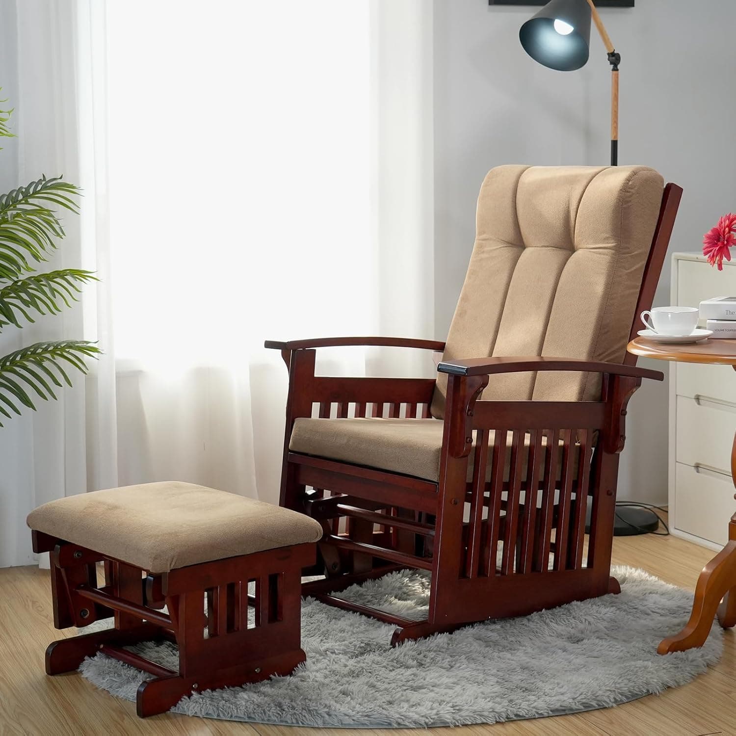 Rustic Glider Chair for Nursery with Ottoman, Resistant Rubber Wood Nursery Glider and Ottoman Sets for Relaxing, Rocking Chair for Living Room Bedroom (Brown)