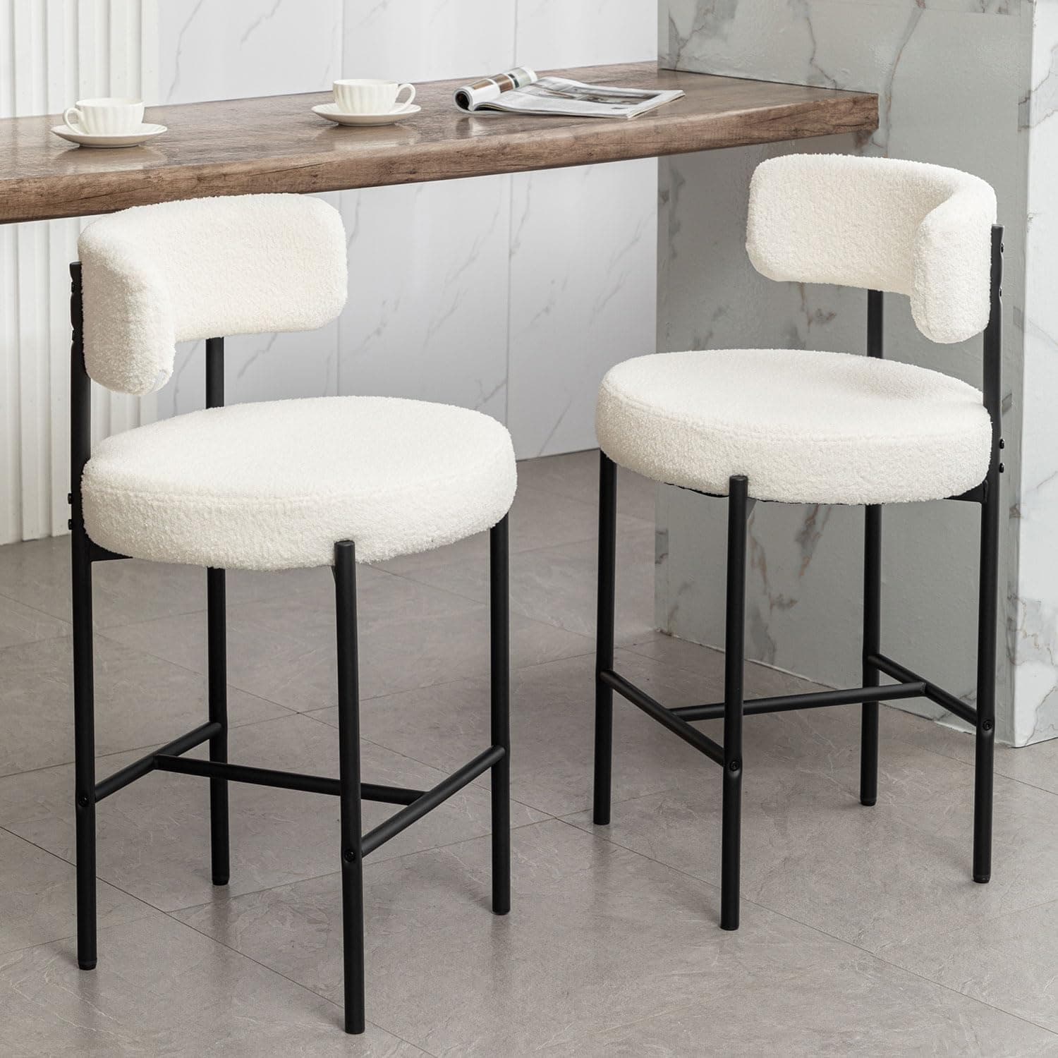 Boucle Bar Stools Set of 2, 24" Modern Counter Stools with Backs, White Upholstered Bar Stools for Kitchen Island, Bar, Cafe